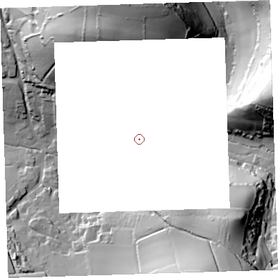 Shaded relief map of the ground around EX331PG, computed from Environment Agency LiDAR. and falls 80 m across the surrounding 800 m.