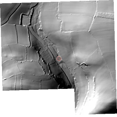 Shaded relief map of the ground around EX331PH, computed from Environment Agency LiDAR. The ground here sits at about 40 m above sea level and falls 73 m across the surrounding 800 m. Surface water reaching this point runs off ground lying to the east-north-east, 62.5 m higher.
