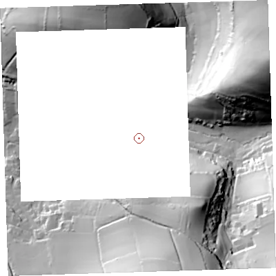 Shaded relief map of the ground around EX331PJ, computed from Environment Agency LiDAR. and falls 77 m across the surrounding 800 m.