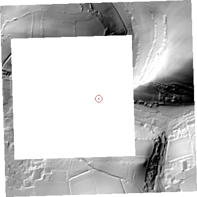 Shaded relief map of the ground around EX331PQ, computed from Environment Agency LiDAR. and falls 79 m across the surrounding 800 m.