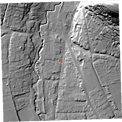 Shaded relief map of the ground around EX332AA, computed from Environment Agency LiDAR. The ground here sits at about 10 m above sea level and falls 82 m across the surrounding 800 m. Surface water reaching this point runs off ground lying to the north-east, 78.5 m higher.