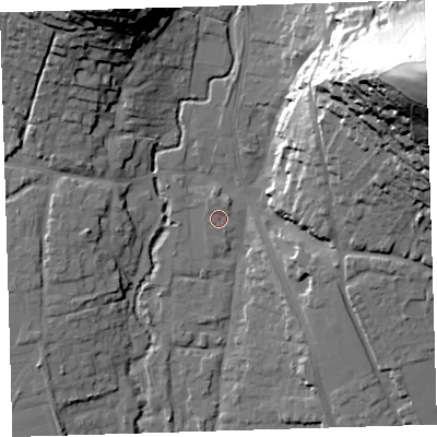 Shaded relief map of the ground around EX332AB, computed from Environment Agency LiDAR. The ground here sits at about 12 m above sea level and falls 80 m across the surrounding 800 m. Surface water reaching this point runs off ground lying to the north, 1.2 m higher.