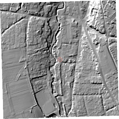 Shaded relief map of the ground around EX332AD, computed from Environment Agency LiDAR. The ground here sits at about 10 m above sea level and falls 39 m across the surrounding 800 m. Surface water reaching this point runs off ground lying to the north-north-west, 12.2 m higher.