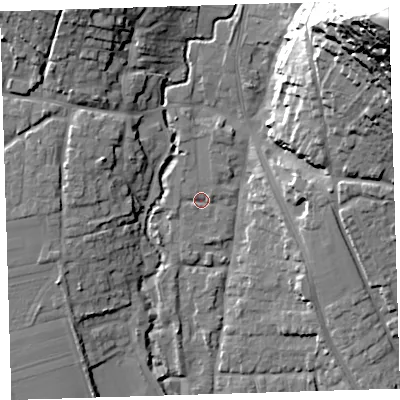 Shaded relief map of the ground around EX332AE, computed from Environment Agency LiDAR. The ground here sits at about 11 m above sea level and falls 73 m across the surrounding 800 m. Surface water reaching this point runs off ground lying to the north, 2.4 m higher.