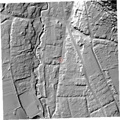 Shaded relief map of the ground around EX332AF, computed from Environment Agency LiDAR. The ground here sits at about 9 m above sea level and falls 69 m across the surrounding 800 m. Surface water reaching this point runs off ground lying to the north-east, 65.0 m higher.