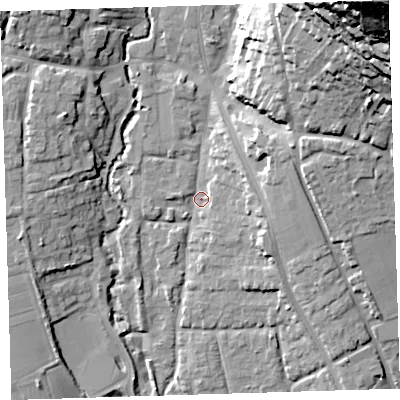 Shaded relief map of the ground around EX332AG, computed from Environment Agency LiDAR. The ground here sits at about 10 m above sea level and falls 75 m across the surrounding 800 m. Surface water reaching this point runs off ground lying to the north-east, 71.5 m higher.