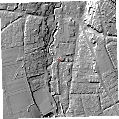 Shaded relief map of the ground around EX332AH, computed from Environment Agency LiDAR. The ground here sits at about 10 m above sea level and falls 42 m across the surrounding 800 m. Surface water reaching this point runs off ground lying to the east-north-east, 1.8 m higher.