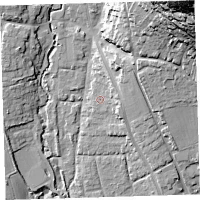 Shaded relief map of the ground around EX332AJ, computed from Environment Agency LiDAR. The ground here sits at about 12 m above sea level and falls 70 m across the surrounding 800 m. Surface water reaching this point runs off ground lying to the east-north-east, 7.9 m higher.