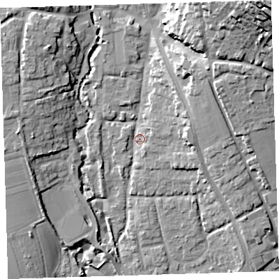 Shaded relief map of the ground around EX332AN, computed from Environment Agency LiDAR. The ground here sits at about 9 m above sea level and falls 44 m across the surrounding 800 m. Surface water reaching this point runs off ground lying to the north-east, 10.5 m higher.