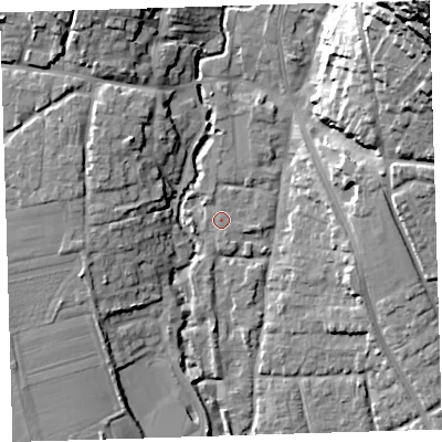 Shaded relief map of the ground around EX332AQ, computed from Environment Agency LiDAR. The ground here sits at about 10 m above sea level and falls 59 m across the surrounding 800 m. Surface water reaching this point runs off ground lying to the east, 1.1 m higher.