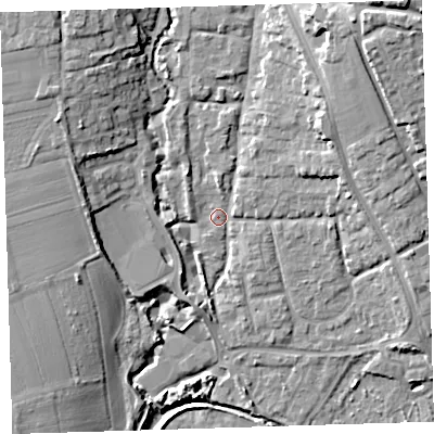Shaded relief map of the ground around EX332AS, computed from Environment Agency LiDAR. The ground here sits at about 8 m above sea level and falls 23 m across the surrounding 800 m. Surface water reaching this point runs off ground lying to the north-east, 11.9 m higher.