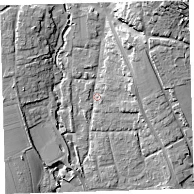 Shaded relief map of the ground around EX332AW, computed from Environment Agency LiDAR. The ground here sits at about 9 m above sea level and falls 42 m across the surrounding 800 m. Surface water reaching this point runs off ground lying to the north-east, 10.7 m higher.
