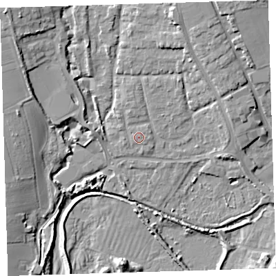 Shaded relief map of the ground around EX332BD, computed from Environment Agency LiDAR. The ground here sits at about 8 m above sea level and falls 17 m across the surrounding 800 m. Surface water reaching this point runs off ground lying to the north-east, 0.8 m higher.