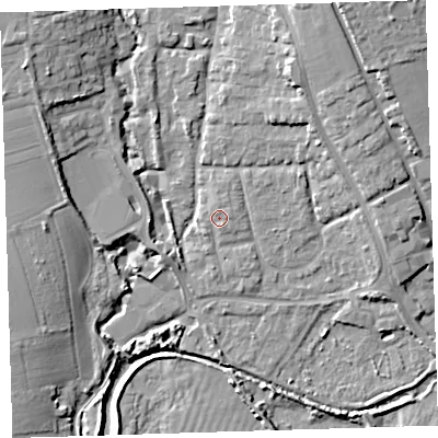 Shaded relief map of the ground around EX332BE, computed from Environment Agency LiDAR. The ground here sits at about 8 m above sea level and falls 19 m across the surrounding 800 m. Surface water reaching this point runs off ground lying to the east-north-east, 1.1 m higher.