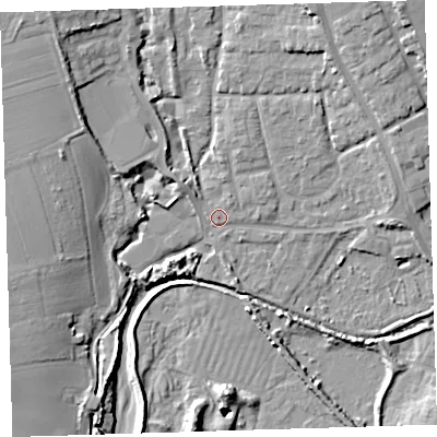 Shaded relief map of the ground around EX332BG, computed from Environment Agency LiDAR. The ground here sits at about 7 m above sea level and falls 18 m across the surrounding 800 m. Surface water reaching this point runs off ground lying to the north-north-east, 8.9 m higher.