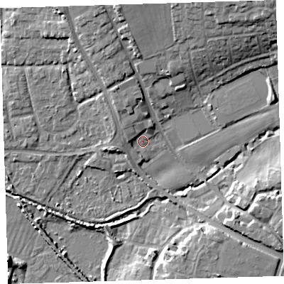 Shaded relief map of the ground around EX332BH, computed from Environment Agency LiDAR. The ground here sits at about 7 m above sea level and falls 18 m across the surrounding 800 m. Surface water reaching this point runs off ground lying to the north-north-west, 3.6 m higher.