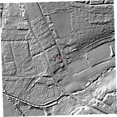 Shaded relief map of the ground around EX332BP, computed from Environment Agency LiDAR. The ground here sits at about 10 m above sea level and falls 22 m across the surrounding 800 m. Surface water reaching this point runs off ground lying to the north-north-east, 13.5 m higher.
