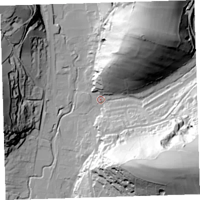 Shaded relief map of the ground around EX332BR, computed from Environment Agency LiDAR. The ground here sits at about 20 m above sea level and falls 88 m across the surrounding 800 m. Surface water reaching this point runs off ground lying to the east-south-east, 80.4 m higher.