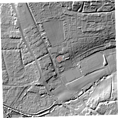 Shaded relief map of the ground around EX332BU, computed from Environment Agency LiDAR. The ground here sits at about 10 m above sea level and falls 27 m across the surrounding 800 m. Surface water reaching this point runs off ground lying to the north-east, 21.0 m higher.