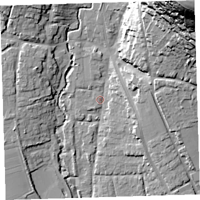 Shaded relief map of the ground around EX332BY, computed from Environment Agency LiDAR. The ground here sits at about 10 m above sea level and falls 80 m across the surrounding 800 m. Surface water reaching this point runs off ground lying to the north-east, 76.4 m higher.