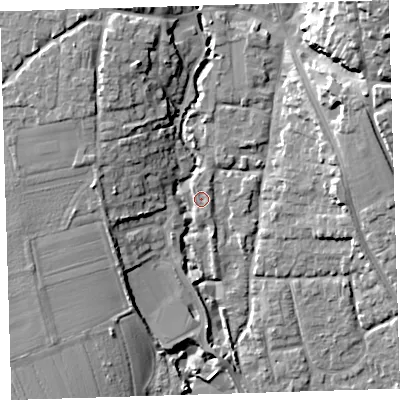 Shaded relief map of the ground around EX332DA, computed from Environment Agency LiDAR. The ground here sits at about 9 m above sea level and falls 28 m across the surrounding 800 m. Surface water reaching this point runs off ground lying to the north-north-west, 10.7 m higher.