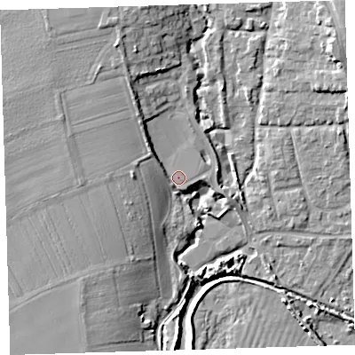 Shaded relief map of the ground around EX332DD, computed from Environment Agency LiDAR. The ground here sits at about 9 m above sea level and falls 15 m across the surrounding 800 m. Surface water reaching this point runs off ground lying to the north-west, 5.1 m higher.