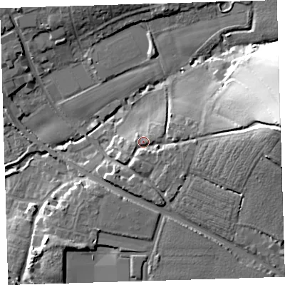 Shaded relief map of the ground around EX332DE, computed from Environment Agency LiDAR. The ground here sits at about 12 m above sea level and falls 36 m across the surrounding 800 m. Surface water reaching this point runs off ground lying to the east, 28.7 m higher.