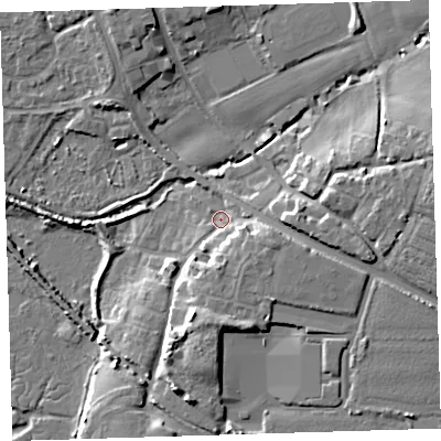 Shaded relief map of the ground around EX332DN, computed from Environment Agency LiDAR. The ground here sits at about 7 m above sea level and falls 13 m across the surrounding 800 m. Surface water reaching this point runs off ground lying to the south, 5.7 m higher.