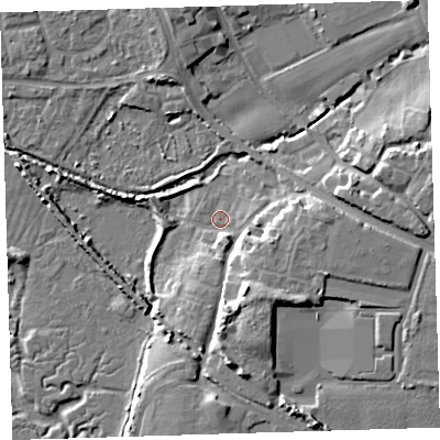 Shaded relief map of the ground around EX332DP, computed from Environment Agency LiDAR. The ground here sits at about 6 m above sea level and falls 12 m across the surrounding 800 m. Surface water reaching this point runs off ground lying to the south-south-east, 9.5 m higher.