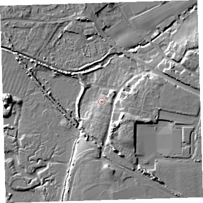 Shaded relief map of the ground around EX332DR, computed from Environment Agency LiDAR. The ground here sits at about 8 m above sea level and falls 16 m across the surrounding 800 m. Surface water reaching this point runs off ground lying to the south-south-east, 3.1 m higher.