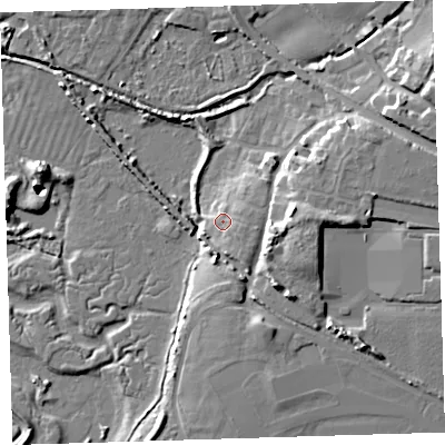 Shaded relief map of the ground around EX332DS, computed from Environment Agency LiDAR. The ground here sits at about 8 m above sea level and falls 16 m across the surrounding 800 m. Surface water reaching this point runs off ground lying to the east-south-east, 1.5 m higher.