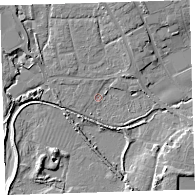 Shaded relief map of the ground around EX332DT, computed from Environment Agency LiDAR. The ground here sits at about 5 m above sea level and falls 17 m across the surrounding 800 m. Surface water reaching this point runs off ground lying to the north-east, 2.6 m higher.