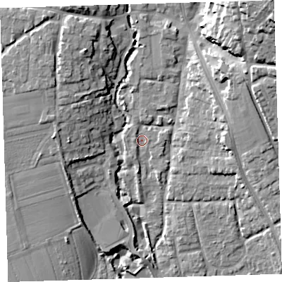 Shaded relief map of the ground around EX332DU, computed from Environment Agency LiDAR. The ground here sits at about 9 m above sea level and falls 32 m across the surrounding 800 m. Surface water reaching this point runs off ground lying to the west-north-west, 1.5 m higher.