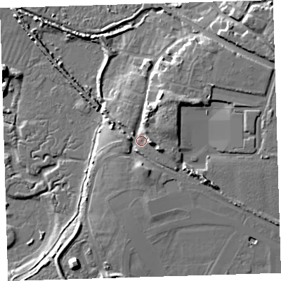 Shaded relief map of the ground around EX332DW, computed from Environment Agency LiDAR. The ground here sits at about 9 m above sea level and falls 15 m across the surrounding 800 m. Surface water reaching this point runs off ground lying to the north-east, 5.6 m higher.