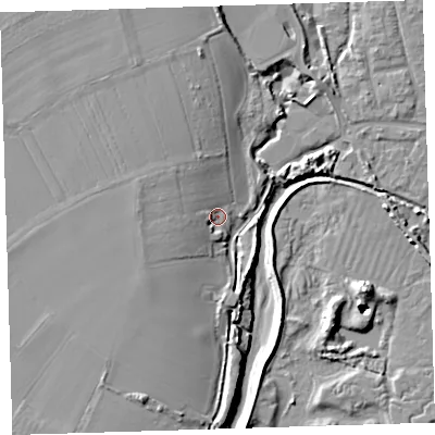 Shaded relief map of the ground around EX332DX, computed from Environment Agency LiDAR. The ground here sits at about 6 m above sea level and falls 14 m across the surrounding 800 m. Surface water reaching this point runs off ground lying to the west-north-west, 5.2 m higher.