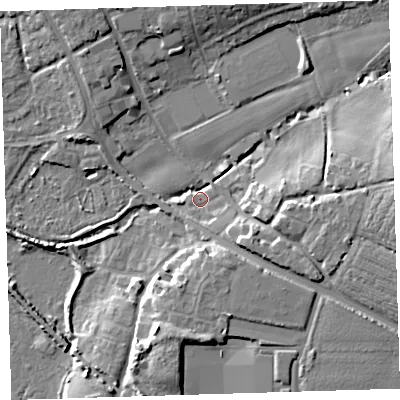 Shaded relief map of the ground around EX332DY, computed from Environment Agency LiDAR. The ground here sits at about 7 m above sea level and falls 14 m across the surrounding 800 m. Surface water reaching this point runs off ground lying to the east, 12.3 m higher.