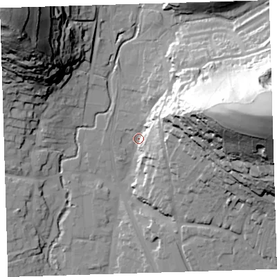 Shaded relief map of the ground around EX332EA, computed from Environment Agency LiDAR. The ground here sits at about 14 m above sea level and falls 87 m across the surrounding 800 m. Surface water reaching this point runs off ground lying to the east-north-east, 63.2 m higher.