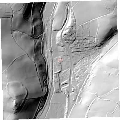 Shaded relief map of the ground around EX332EJ, computed from Environment Agency LiDAR. The ground here sits at about 35 m above sea level and falls 82 m across the surrounding 800 m. Surface water reaching this point runs off ground lying to the north-north-east, 25.3 m higher.