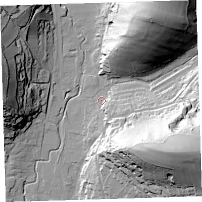 Shaded relief map of the ground around EX332EL, computed from Environment Agency LiDAR. The ground here sits at about 20 m above sea level and falls 88 m across the surrounding 800 m. Surface water reaching this point runs off ground lying to the east-south-east, 14.1 m higher.