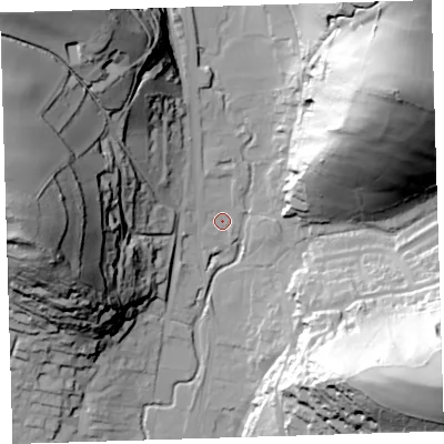 Shaded relief map of the ground around EX332EP, computed from Environment Agency LiDAR. The ground here sits at about 17 m above sea level and falls 83 m across the surrounding 800 m. Surface water reaching this point runs off ground lying to the west, 70.8 m higher.