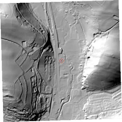 Shaded relief map of the ground around EX332ER, computed from Environment Agency LiDAR. The ground here sits at about 19 m above sea level and falls 99 m across the surrounding 800 m. Surface water reaching this point runs off ground lying to the north-west, 58.3 m higher.