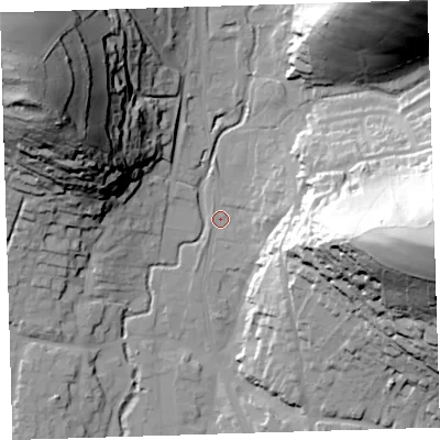 Shaded relief map of the ground around EX332ES, computed from Environment Agency LiDAR. The ground here sits at about 15 m above sea level and falls 84 m across the surrounding 800 m. Surface water reaching this point runs off ground lying to the east, 57.9 m higher.