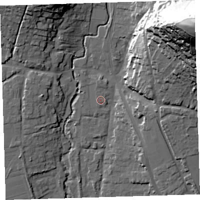 Shaded relief map of the ground around EX332ET, computed from Environment Agency LiDAR. The ground here sits at about 12 m above sea level and falls 78 m across the surrounding 800 m. Surface water reaching this point runs off ground lying to the north, 0.7 m higher.