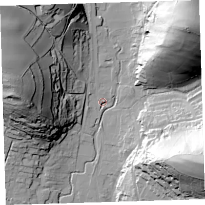 Shaded relief map of the ground around EX332EU, computed from Environment Agency LiDAR. The ground here sits at about 16 m above sea level and falls 82 m across the surrounding 800 m. Surface water reaching this point runs off ground lying to the west-north-west, 73.4 m higher.