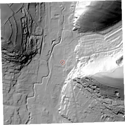 Shaded relief map of the ground around EX332EX, computed from Environment Agency LiDAR. The ground here sits at about 16 m above sea level and falls 87 m across the surrounding 800 m. Surface water reaching this point runs off ground lying to the east-south-east, 70.6 m higher.
