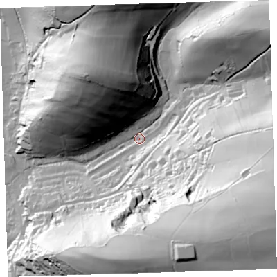 Shaded relief map of the ground around EX332EZ, computed from Environment Agency LiDAR. The ground here sits at about 29 m above sea level and falls 100 m across the surrounding 800 m. Surface water reaching this point runs off ground lying to the east, 68.8 m higher.