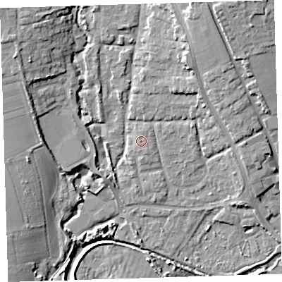 Shaded relief map of the ground around EX332FD, computed from Environment Agency LiDAR. The ground here sits at about 9 m above sea level and falls 21 m across the surrounding 800 m. The ground contributing surface water to this point lies to the north-east.
