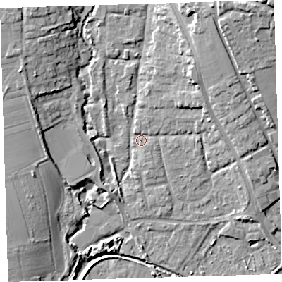 Shaded relief map of the ground around EX332FE, computed from Environment Agency LiDAR. The ground here sits at about 8 m above sea level and falls 23 m across the surrounding 800 m. Surface water reaching this point runs off ground lying to the north-east, 5.4 m higher.