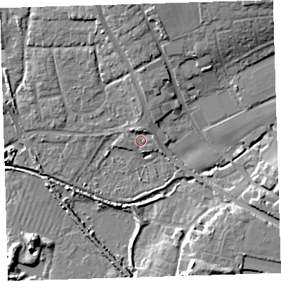 Shaded relief map of the ground around EX332FG, computed from Environment Agency LiDAR. The ground here sits at about 7 m above sea level and falls 20 m across the surrounding 800 m. Surface water reaching this point runs off ground lying to the north, 2.6 m higher.
