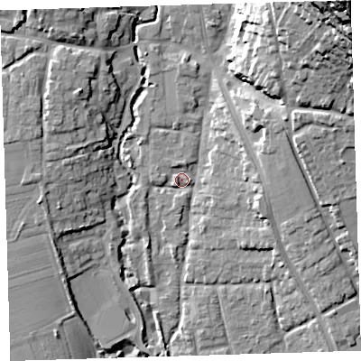Shaded relief map of the ground around EX332FJ, computed from Environment Agency LiDAR. The ground here sits at about 10 m above sea level and falls 57 m across the surrounding 800 m. Surface water reaching this point runs off ground lying to the west, 1.8 m higher.